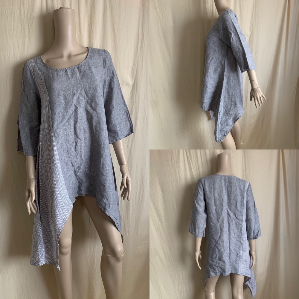 Chalet gray and white striped Linen loganlook top